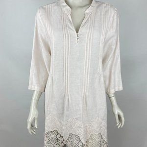 Symple NYC Flax Linen Tunic Women Embroidered Lace Hem 3/4Sleeve V-neck Top Pink